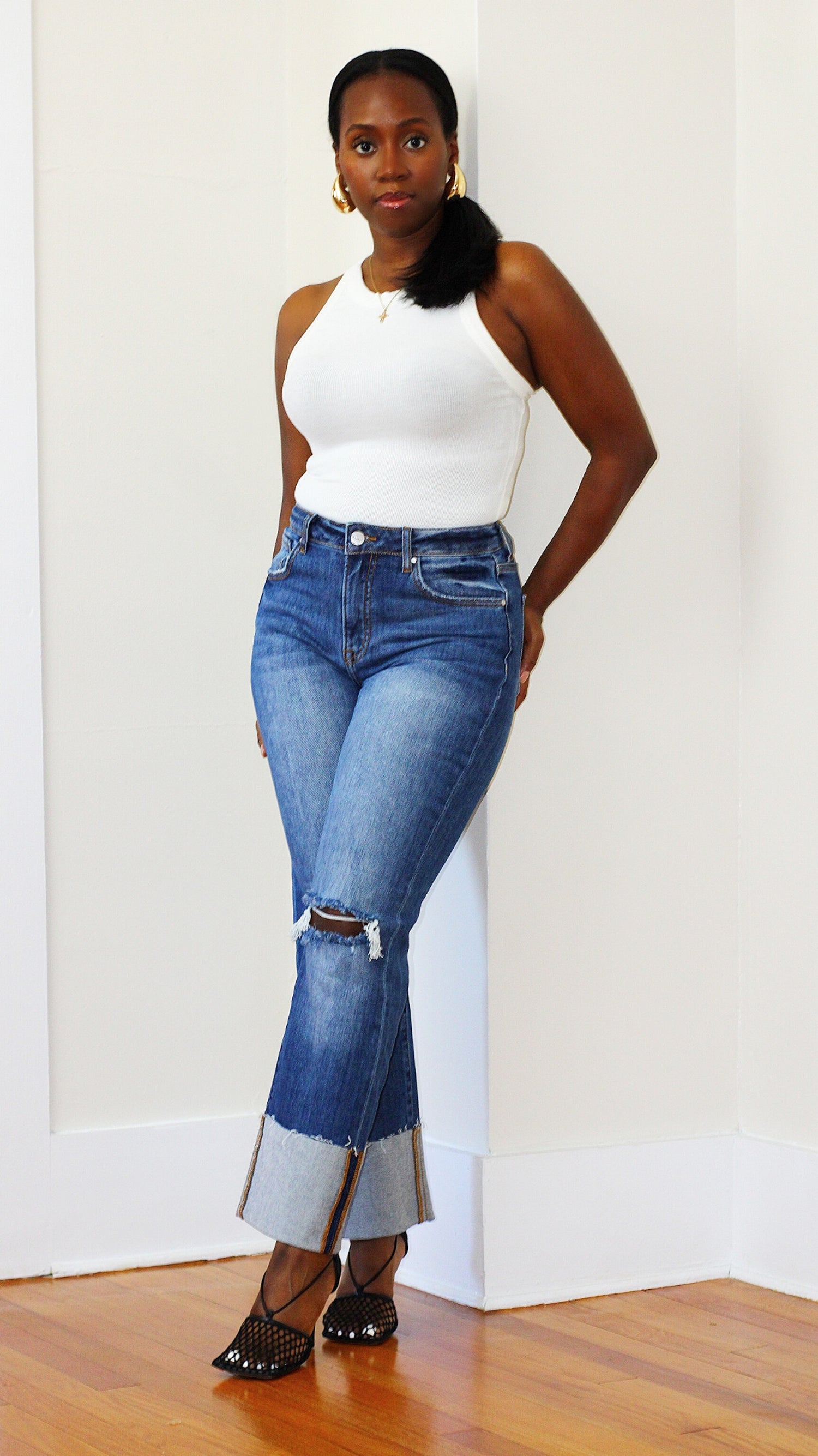 High Rise Cuffed Straight Jeans