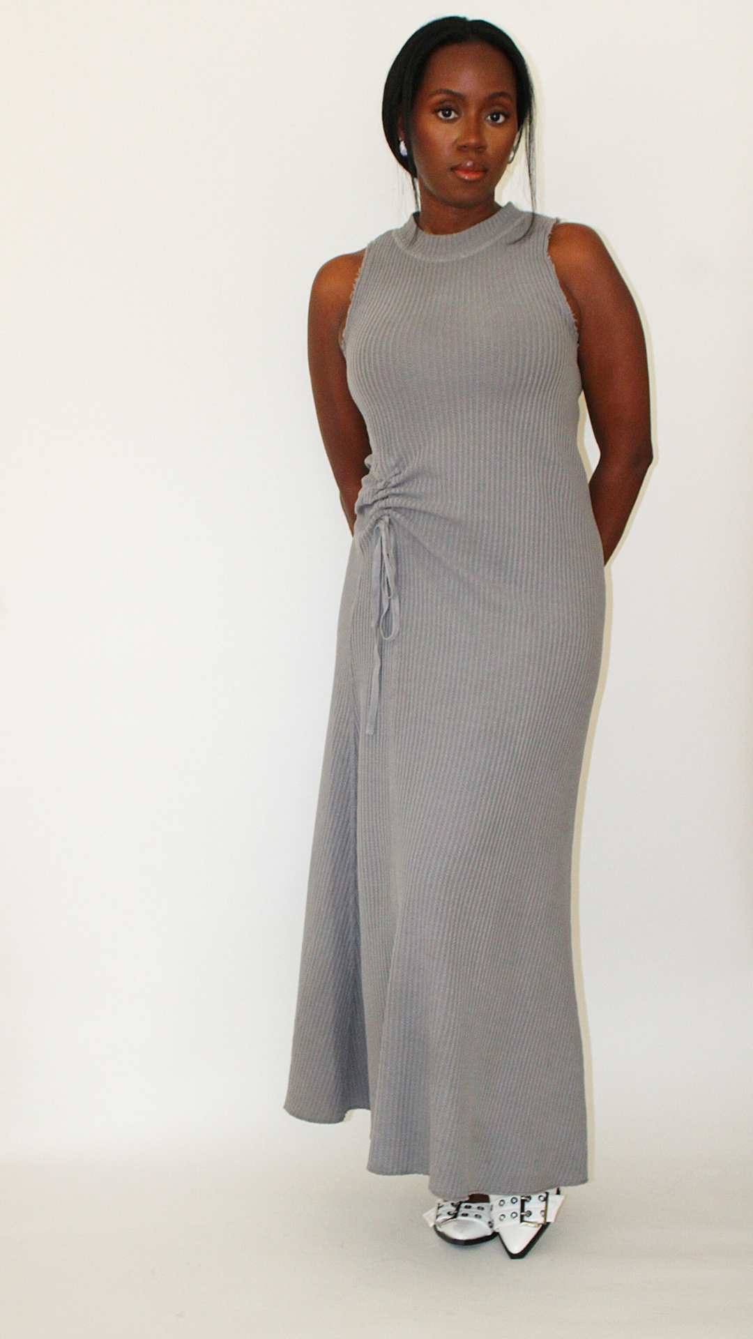 Maxi Sleeveless Cinched Waist Dress- Gray