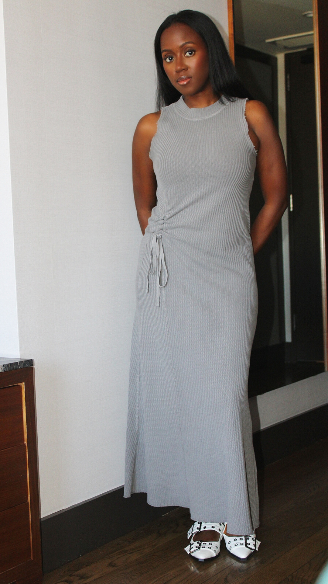 Maxi Sleeveless Cinched Waist Dress- Gray