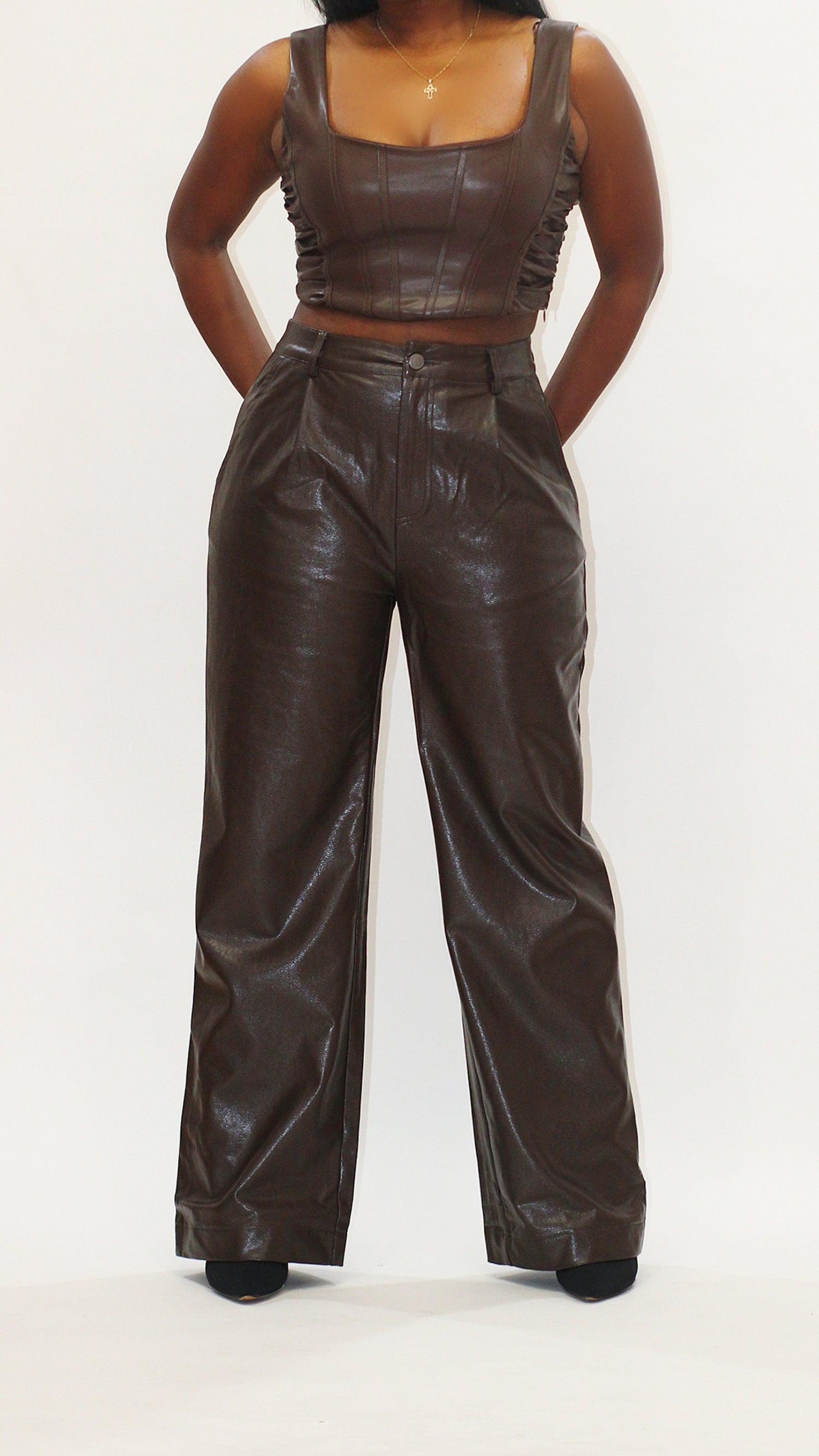 Wide Leg Leather Pants- Cocoa